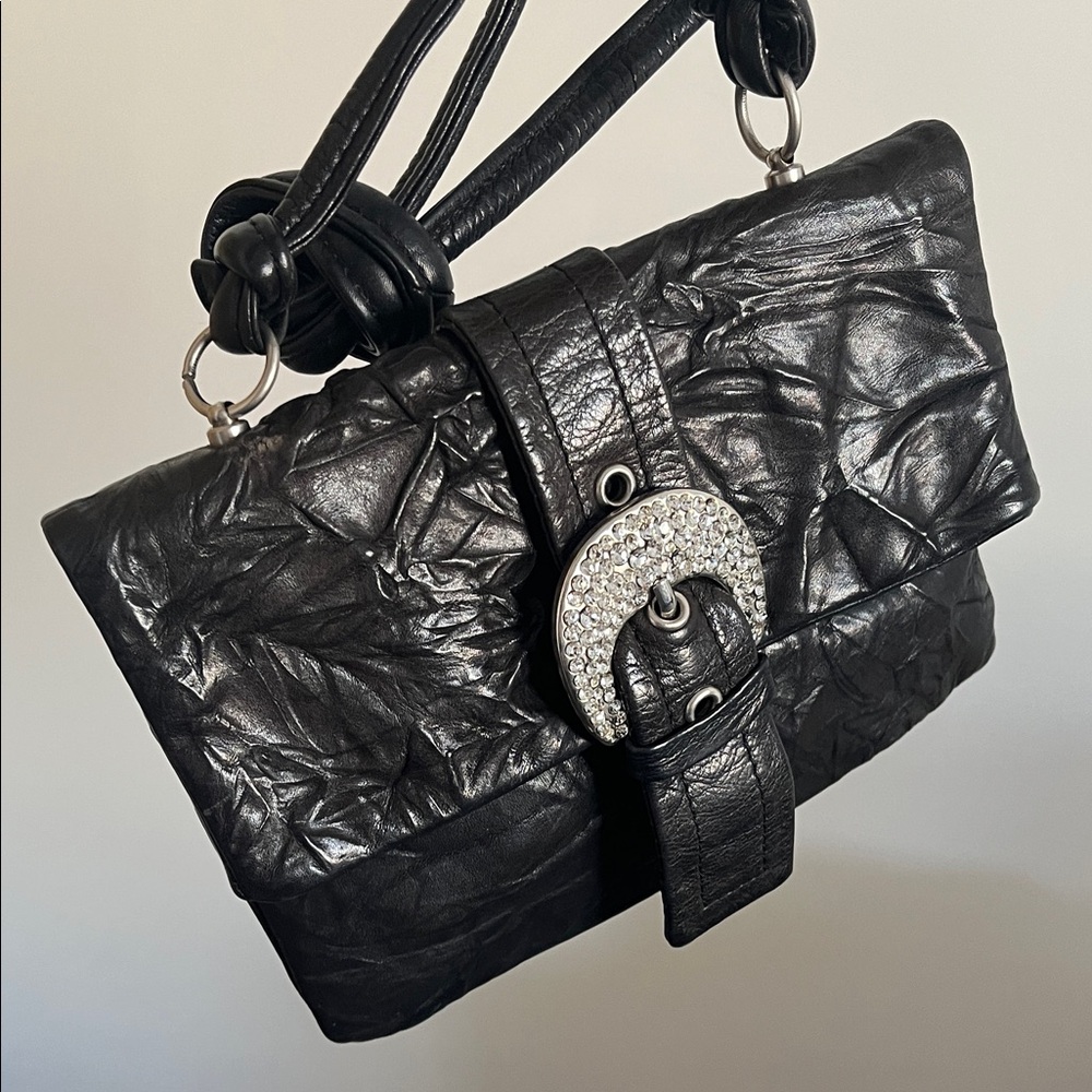 Renato Angi Black Leather Shoulder Bag with Crystal Buckle